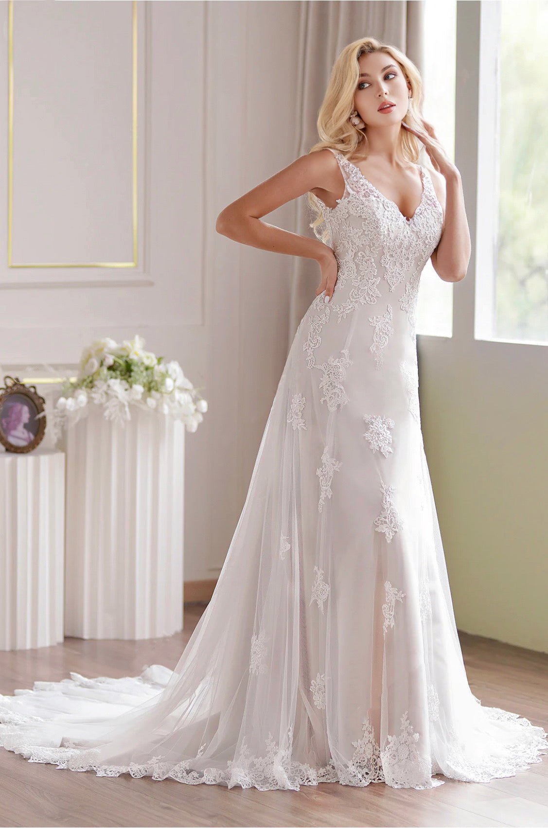 Romantic Strap V-Neck Fit & Flare Lace Embroidery Straps Sleeveless Wedding Dress - Plus Size - WonderlandByLilian
