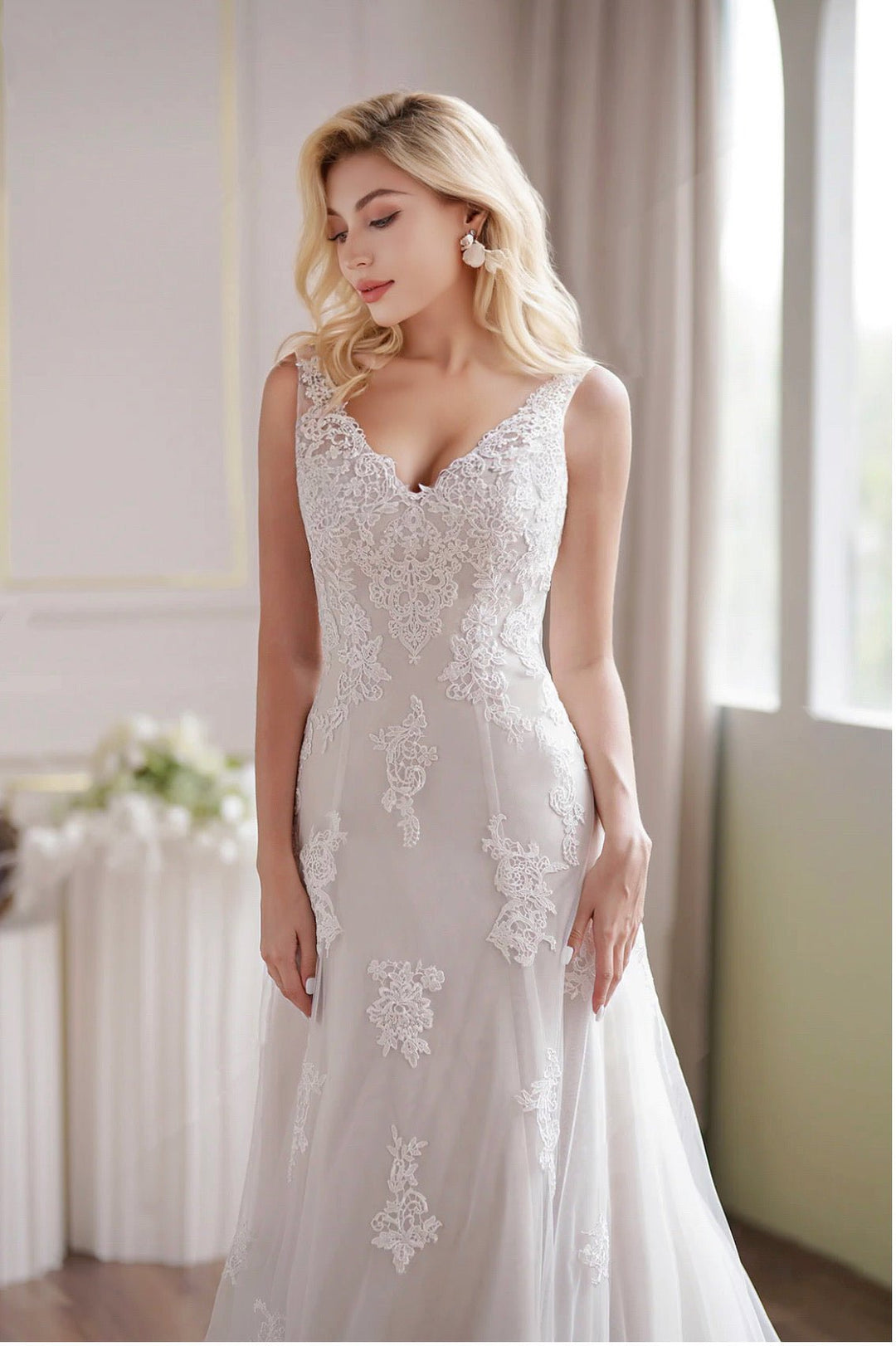 Romantic Strap V-Neck Fit & Flare Lace Embroidery Straps Sleeveless Wedding Dress - Plus Size - WonderlandByLilian