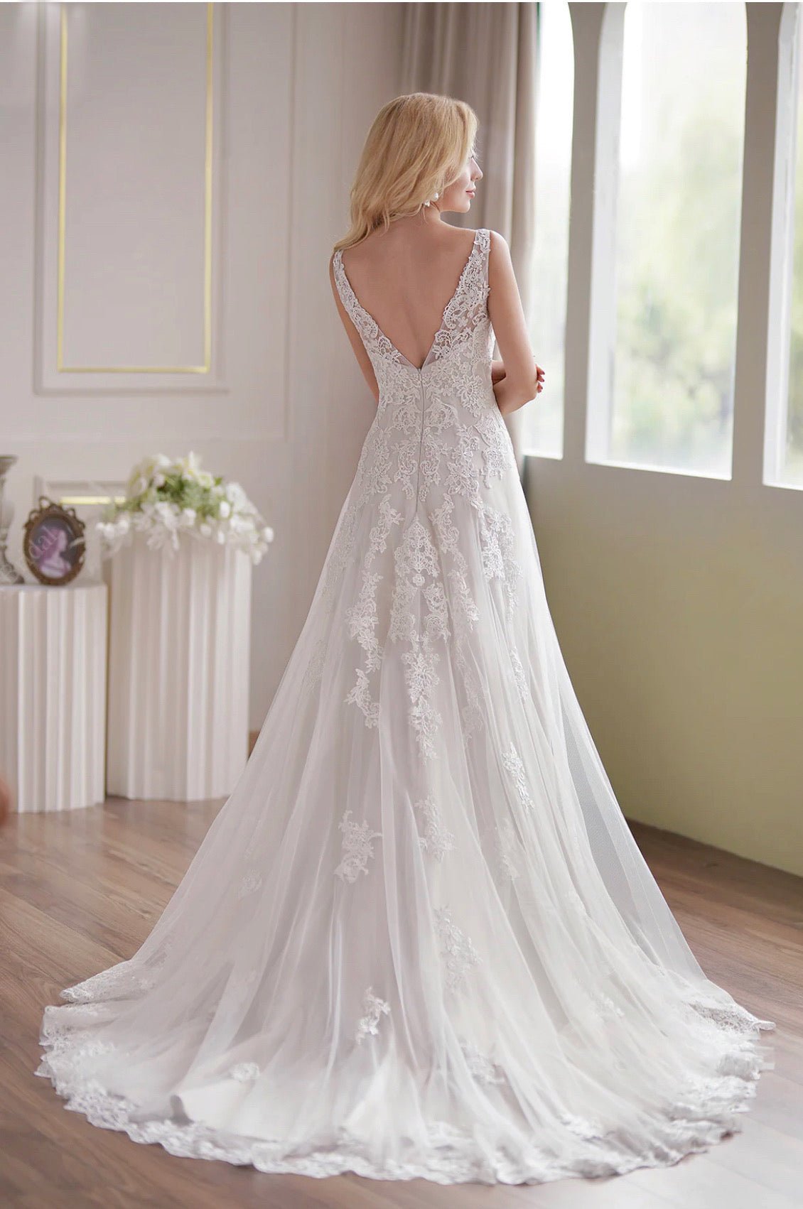 Romantic Strap V-Neck Fit & Flare Lace Embroidery Straps Sleeveless Wedding Dress - Plus Size - WonderlandByLilian