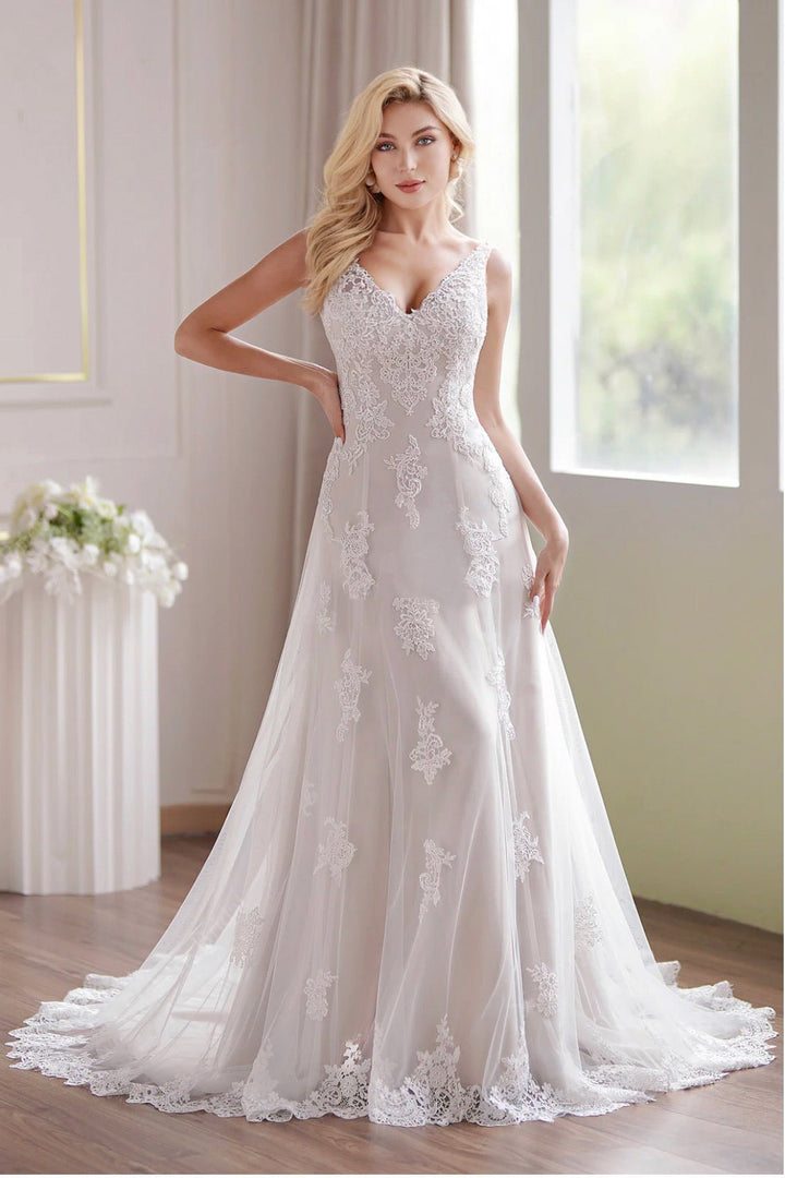 Romantic Strap V-Neck Fit & Flare Lace Embroidery Straps Sleeveless Wedding Dress - Plus Size - WonderlandByLilian