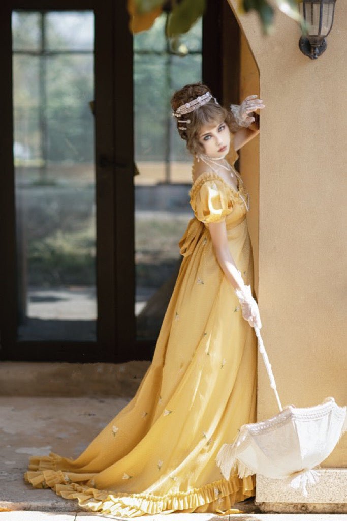 Romantic Yellow Regency Era Embroidered Dress With Ruffle - Empire Waist Dress Plus Size - WonderlandByLilian