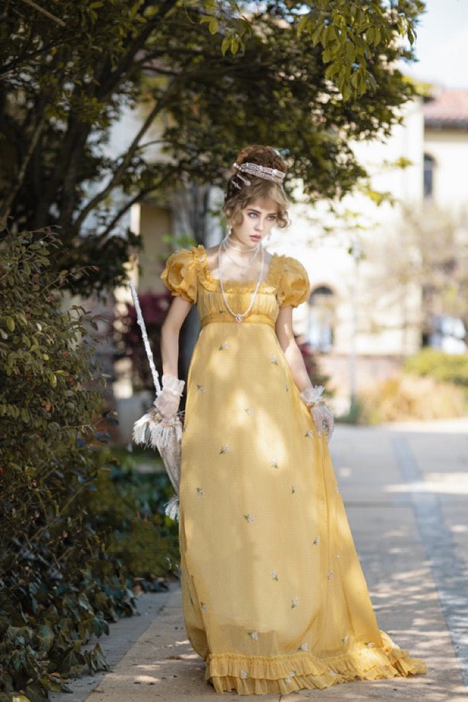 Romantic Yellow Regency Era Embroidered Dress With Ruffle - Empire Waist Dress Plus Size - WonderlandByLilian