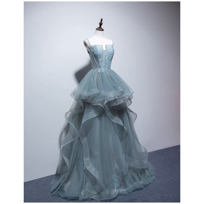 Sage Green Spaghetti Strap Gauze Prom Dress- Formal Dress Plus Size - WonderlandByLilian