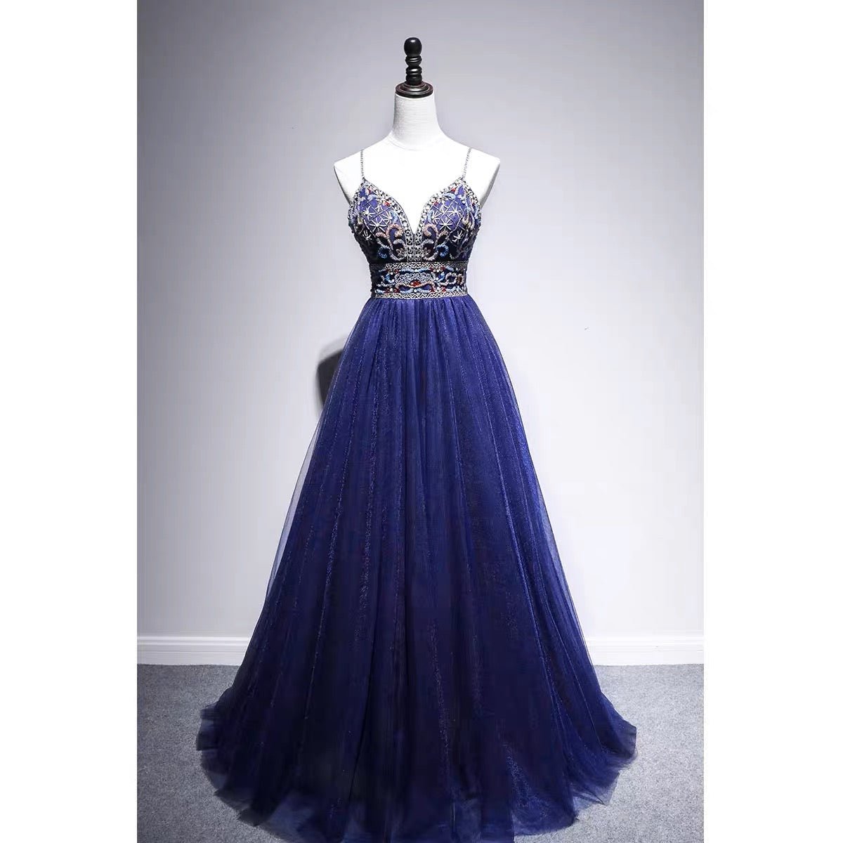Sapphire Blue Spaghetti Straps Jeweled Evening Gown - Formal Dress Plus Size - WonderlandByLilian