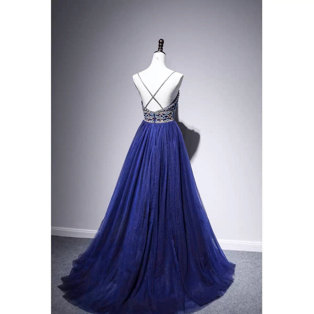 Sapphire Blue Spaghetti Straps Jeweled Evening Gown - Formal Dress Plus Size  - WonderlandByLilian