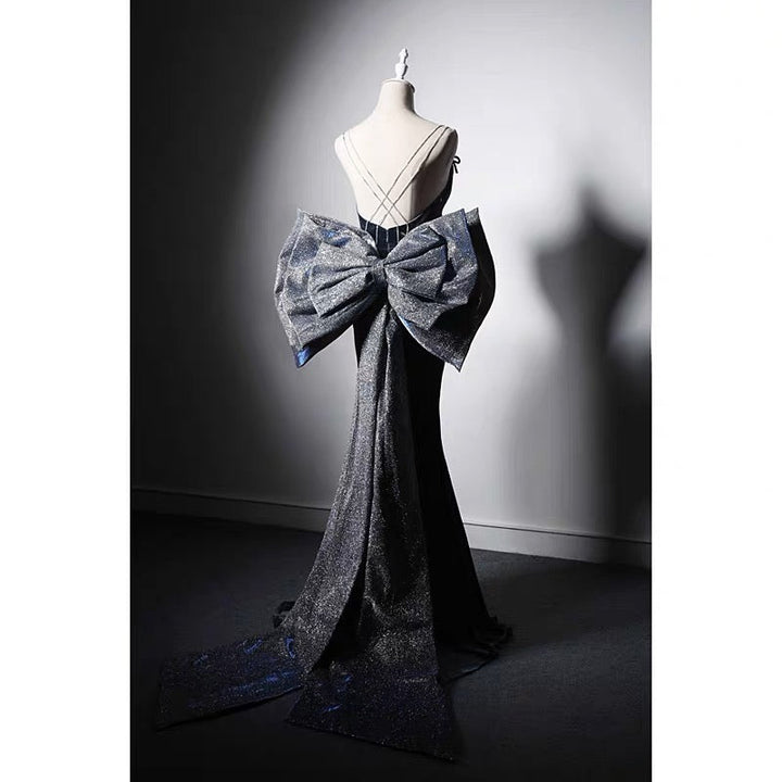 Sapphire Blue Velvet Backless Formal Dress With Bow Tie - Evening Gown Plus Size - WonderlandByLilian