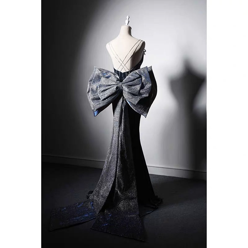 Sapphire Blue Velvet Backless Formal Dress With Bow Tie - Evening Gown Plus Size Size 14 / Blue Sapphire Blue Velvet Backless Formal Dress With Bow Tie - Evening Gown Plus Size Size 14 / Blue