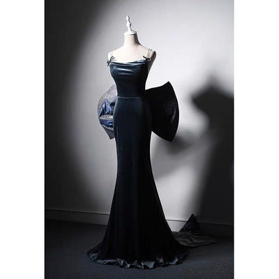 Sapphire Blue Velvet Backless Formal Dress With Bow Tie - Evening Gown Plus Size - WonderlandByLilian
