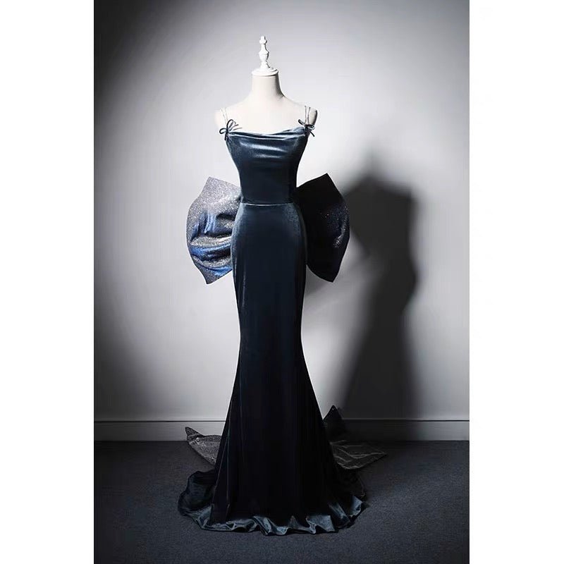 Sapphire Blue Velvet Backless Formal Dress With Bow Tie - Evening Gown Plus Size - WonderlandByLilian
