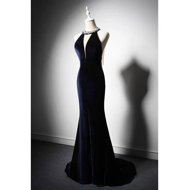 Sapphire Velvet Backless V-neck Mermaid Evening Gown With Crystal Chain Back- Plus Size - WonderlandByLilian