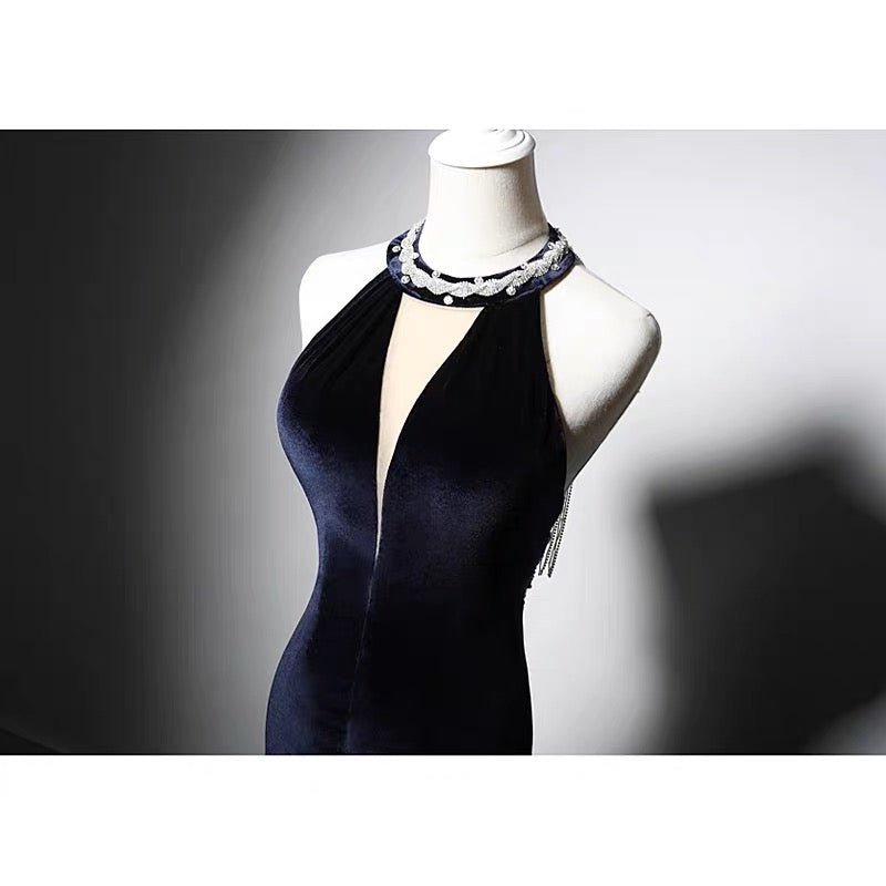Sapphire Velvet Backless V-Neck Mermaid Evening Gown with Crystal Chain Back- Plus Size Size 16 / Navy Sapphire Velvet Backless V-Neck Mermaid Evening Gown with Crystal Chain Back- Plus Size Size 16 / Navy