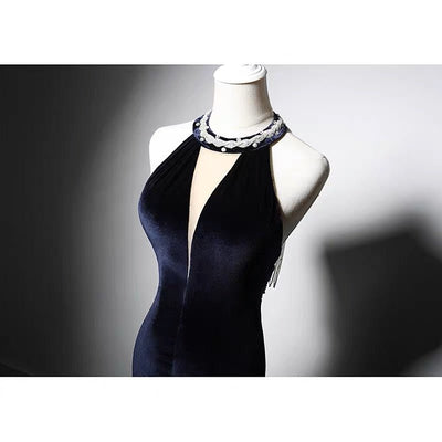 Sapphire Velvet Backless V-neck Mermaid Evening Gown With Crystal Chain Back- Plus Size - WonderlandByLilian