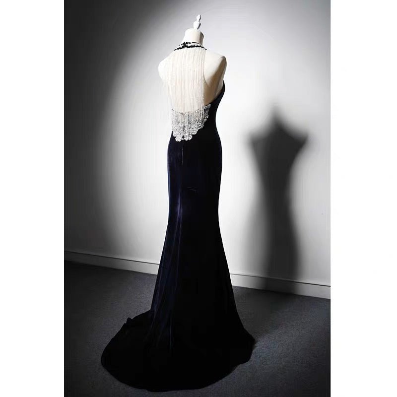 Sapphire Velvet Backless V-neck Mermaid Evening Gown With Crystal Chain Back- Plus Size - WonderlandByLilian