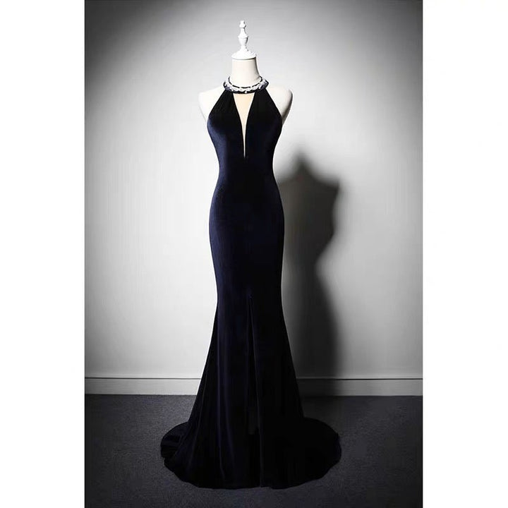 Sapphire Velvet Backless V-neck Mermaid Evening Gown With Crystal Chain Back- Plus Size - WonderlandByLilian