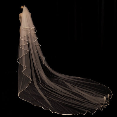 Satin-Trimmed Tulle Wedding Veil With Comb - Chapel Length Wedding Veils - WonderlandByLilian