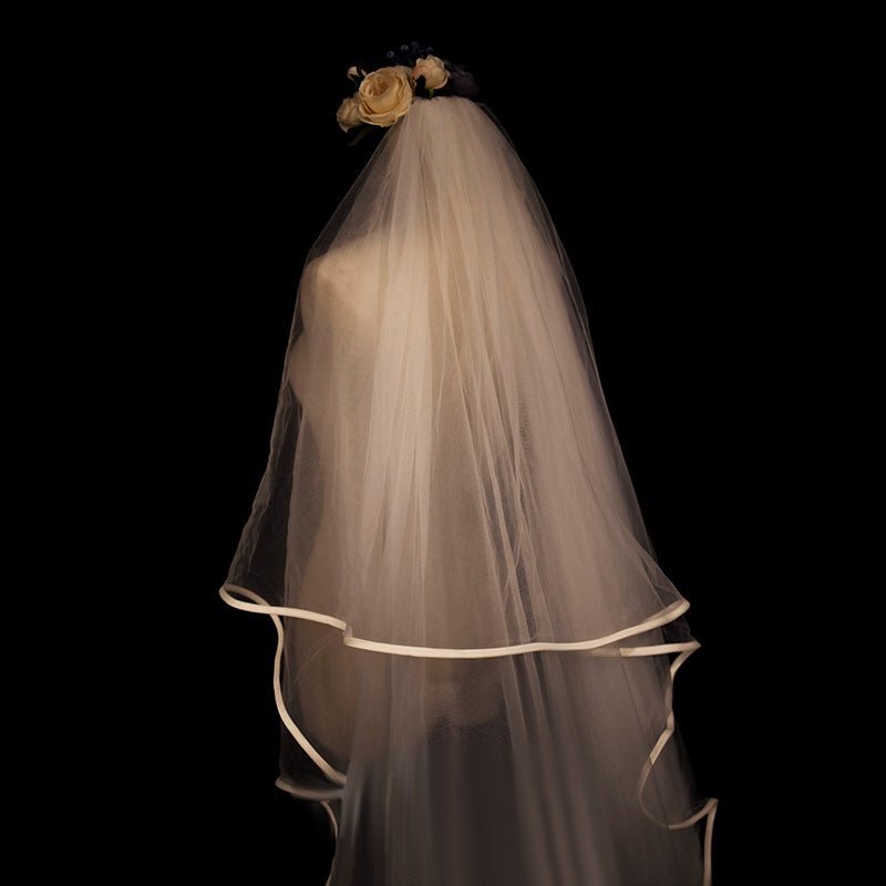 Satin-Trimmed Tulle Wedding Veil With Comb - Chapel Length Wedding Veils - WonderlandByLilian