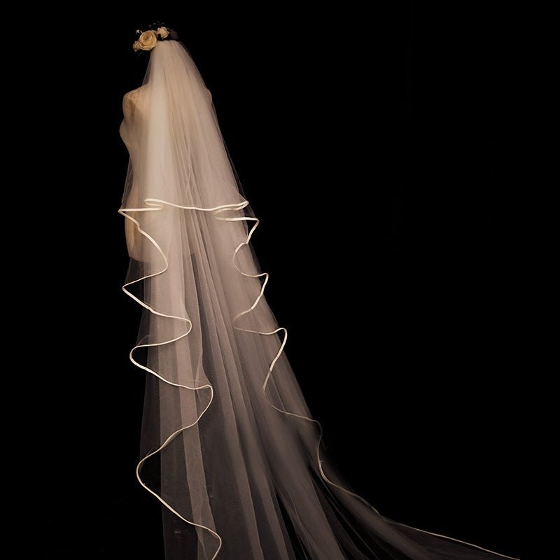 Satin-Trimmed Tulle Wedding Veil With Comb - Chapel Length Wedding Veils - WonderlandByLilian