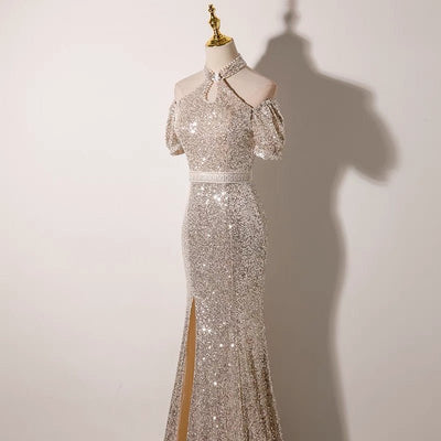 Sequins Halter Prom Dress Custom Made Party Dress Evening Wear - WonderlandByLilian