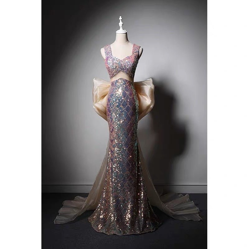 Sequins Mermaid Evening Dress With Bow Tie- Formal Dress Plus Size - WonderlandByLilian