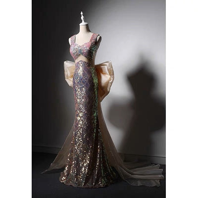 Sequins Mermaid Evening Dress With Bow Tie- Formal Dress Plus Size - WonderlandByLilian