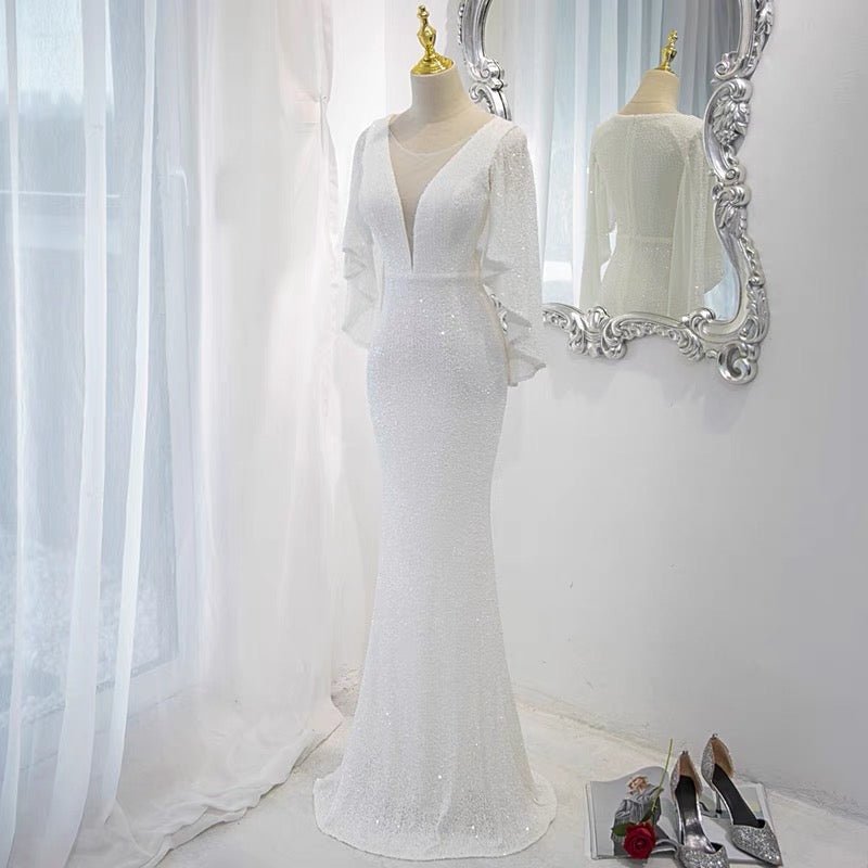 Sequins V-line White Prom Dress Party Dress Evening Wear - WonderlandByLilian
