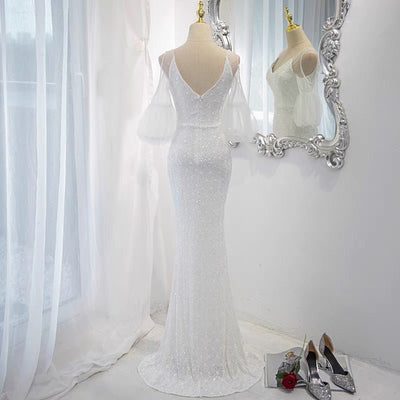 Sequins V-line White Silver Prom Dress Party Dress Evening Wear - WonderlandByLilian