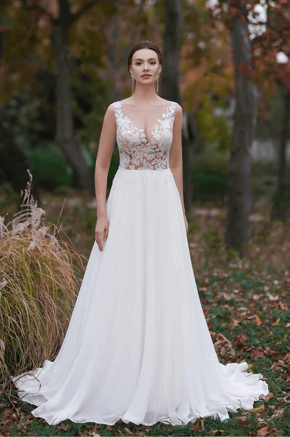 Sheer Lace Applique Embroidery Beach A- Line Light Ivory Wedding Dress - Plus Size - WonderlandByLilian