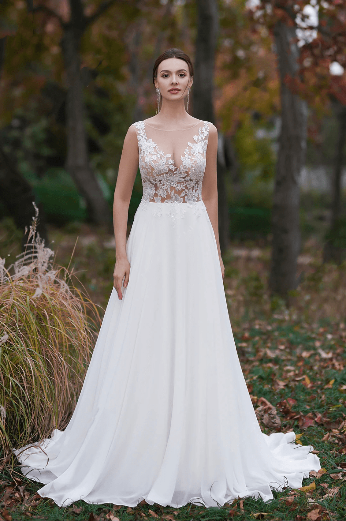 sheer embroidered wedding dress Floral Lace Wedding Dress with Sheer Bodice loveangeldress