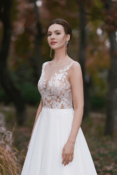 Sheer Lace Applique Embroidery Beach A- Line Light Ivory Wedding Dress - Plus Size - WonderlandByLilian