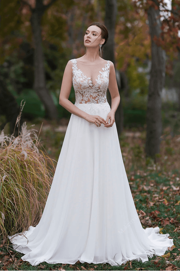 Sheer Lace Applique Embroidery Beach A- Line Light Ivory Wedding Dress - Plus Size - WonderlandByLilian
