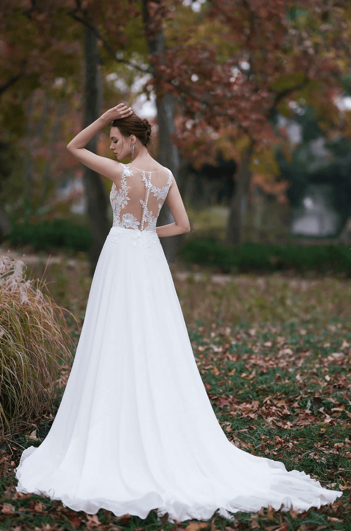 Sheer Lace Applique Embroidery Beach A- Line Light Ivory Wedding Dress - Plus Size - WonderlandByLilian