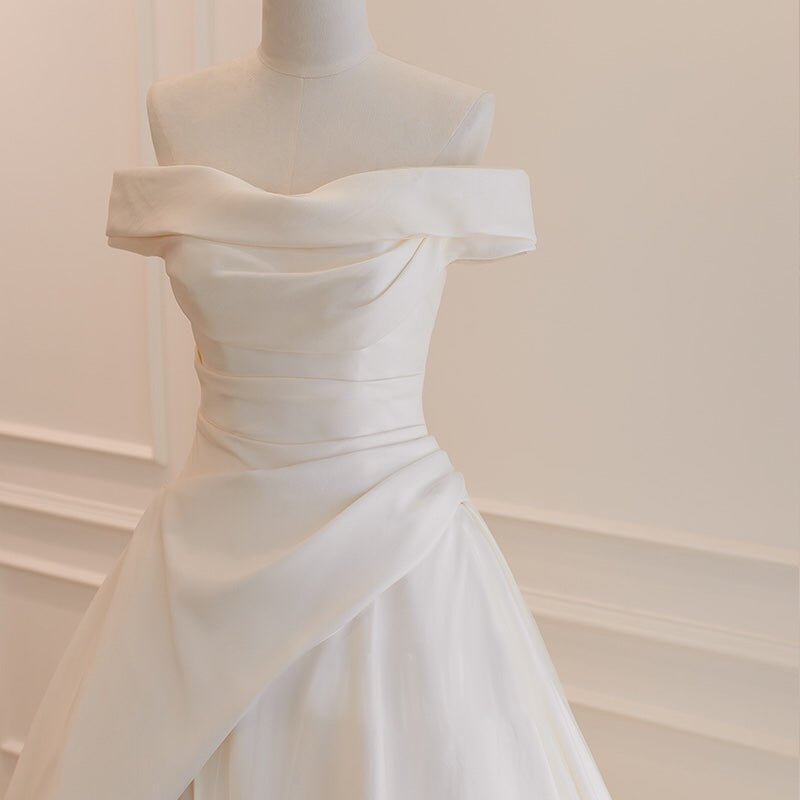 Simple Boho Satin Off Shoulder Wedding Dress With Train Plus Size - WonderlandByLilian