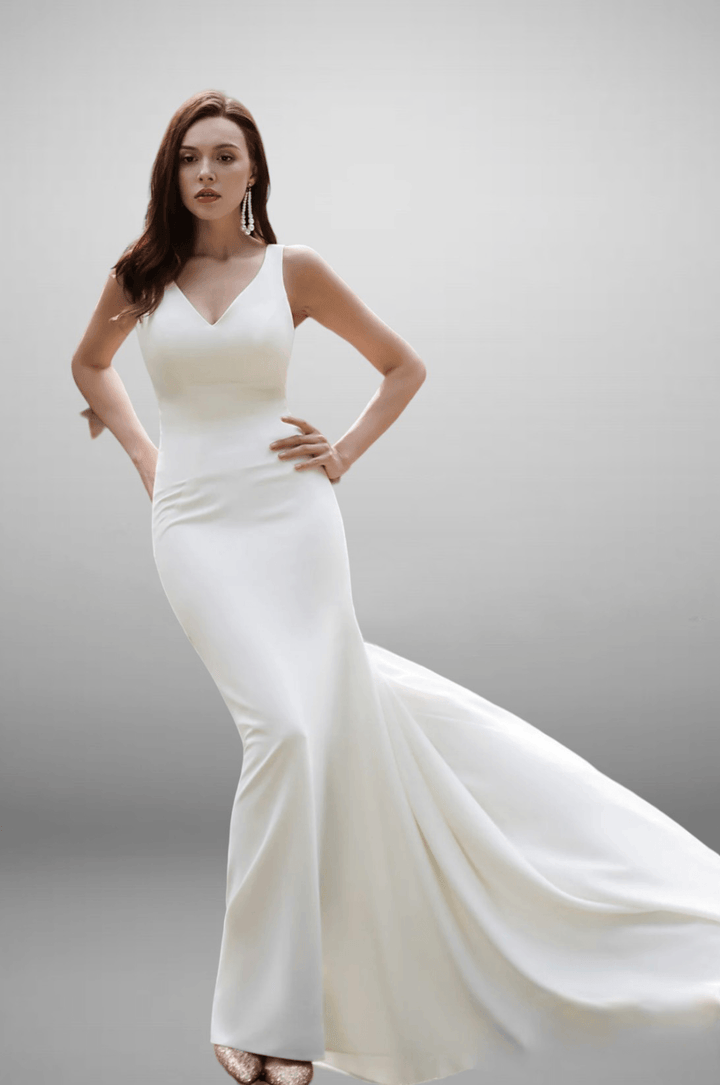 Simple Fit & Flare Light Ivory Wedding Dress With A Deep-V Back - Plus Size - WonderlandByLilian