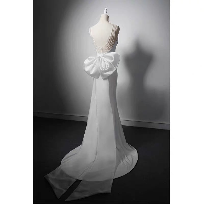 Simple Lace Boho Mermaid Wedding Dress With Pearl Chains - Slip Plus Size - WonderlandByLilian