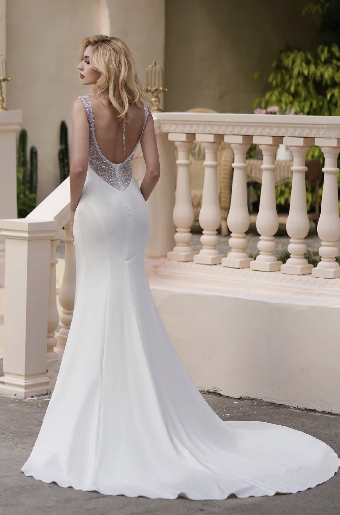 Simple Satin Fit And Flare Sheath Light Ivory Wedding Dresses With Beaded Backless - Plus Size - WonderlandByLilian