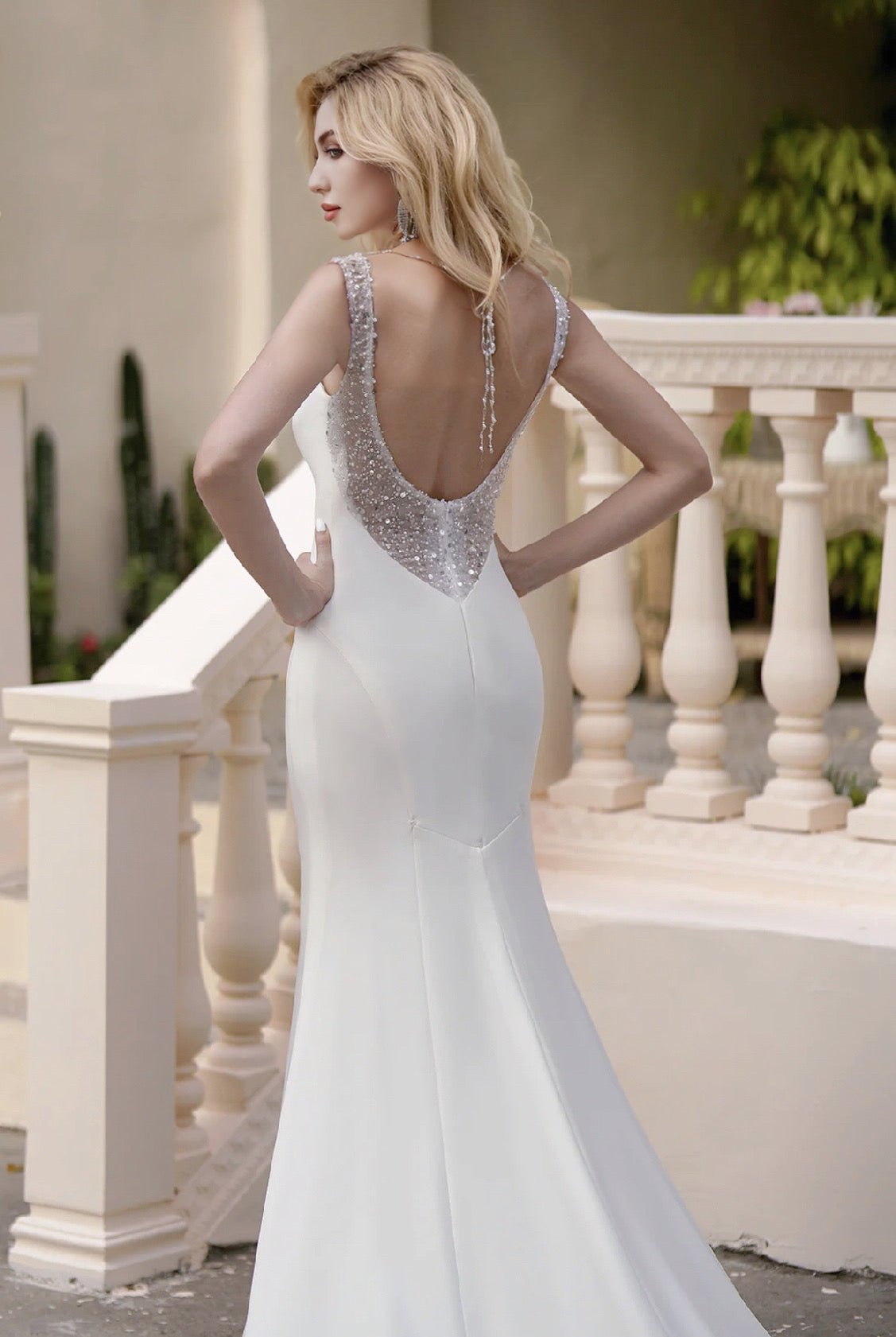 Simple Satin Fit And Flare Sheath Light Ivory Wedding Dresses With Beaded Backless - Plus Size - WonderlandByLilian