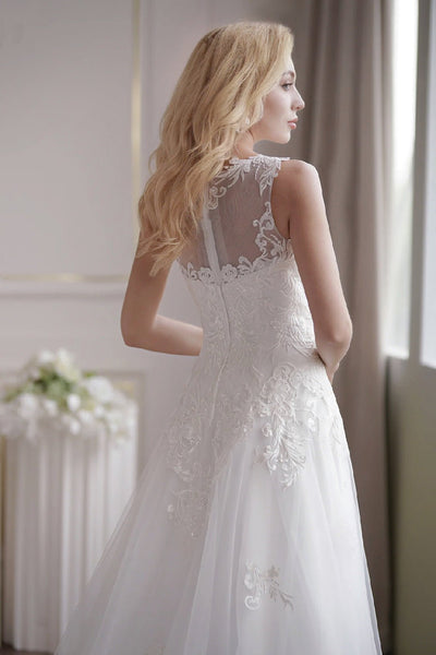 Soft Tulle A-Line Light Ivory Embroidery Illusion Neckline And Sheer Back Wedding Dress - Plus Size - WonderlandByLilian