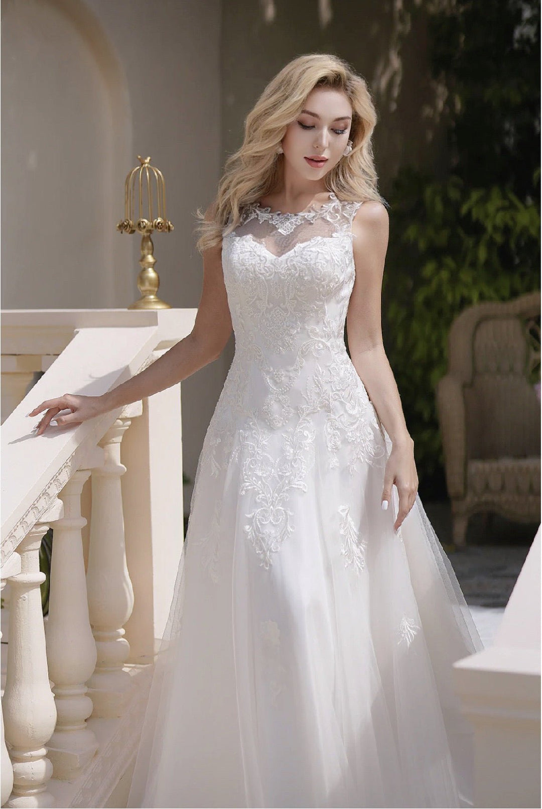 Soft Tulle A-Line Light Ivory Embroidery Illusion Neckline And Sheer Back Wedding Dress - Plus Size - WonderlandByLilian