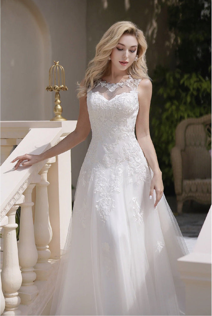 Soft Tulle A-Line Light Ivory Embroidery Illusion Neckline And Sheer Back Wedding Dress - Plus Size - WonderlandByLilian
