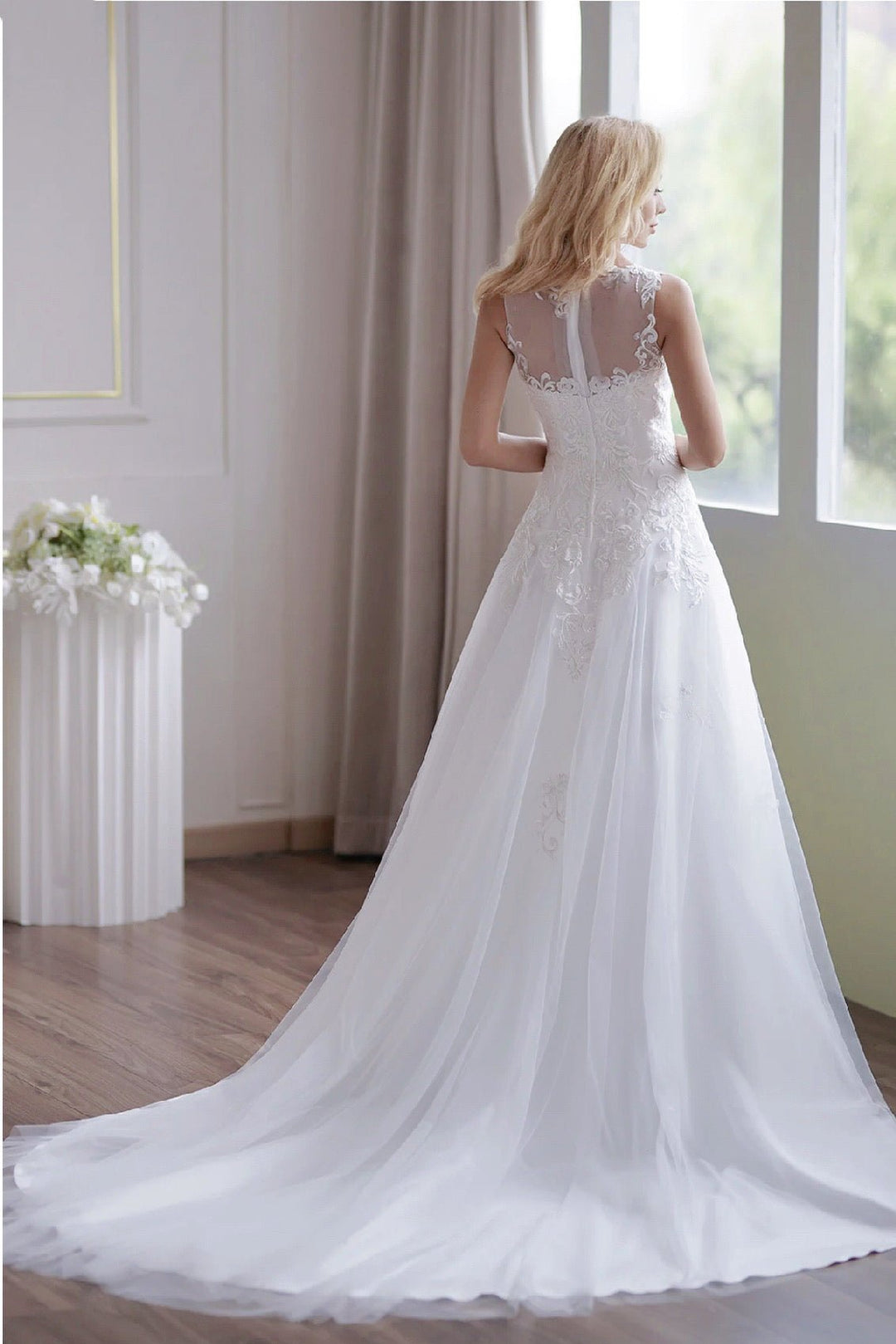 Soft Tulle A-Line Light Ivory Embroidery Illusion Neckline And Sheer Back Wedding Dress - Plus Size - WonderlandByLilian