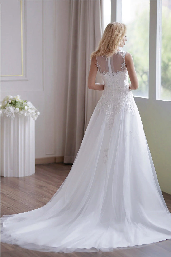 Soft Tulle A-Line Light Ivory Embroidery Illusion Neckline And Sheer Back Wedding Dress - Plus Size - WonderlandByLilian