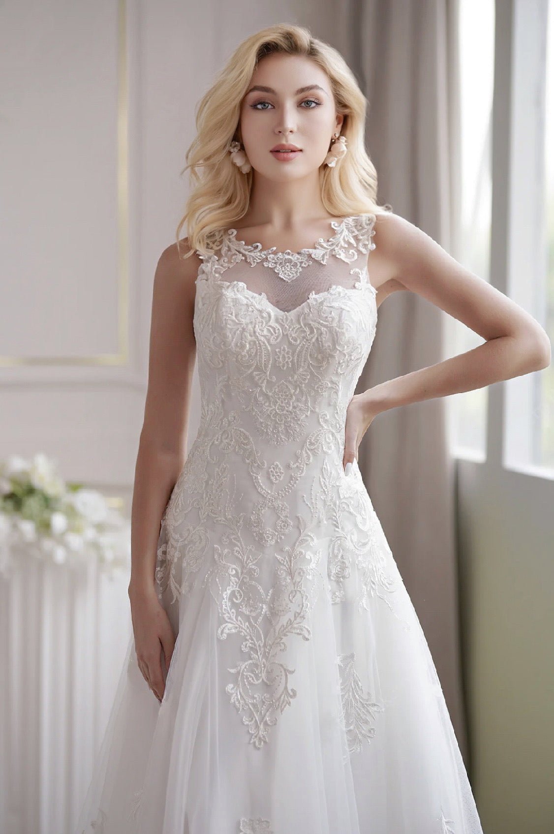 Soft Tulle A-Line Light Ivory Embroidery Illusion Neckline And Sheer Back Wedding Dress - Plus Size - WonderlandByLilian