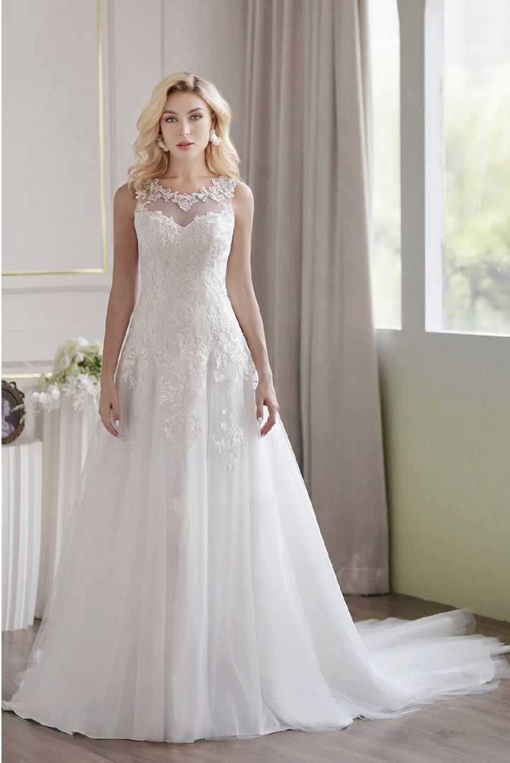 Soft Tulle A-Line Light Ivory Embroidery Illusion Neckline And Sheer Back Wedding Dress - Plus Size - WonderlandByLilian