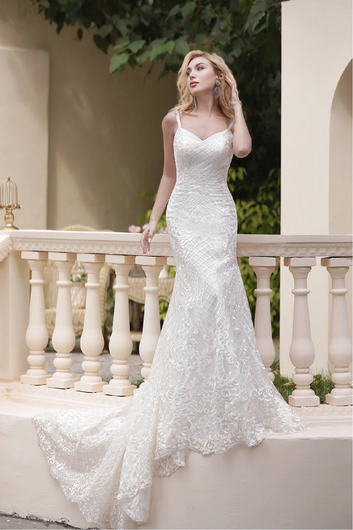 Spaghetti Strap Sweetheart Neckline Fit And Flare Light Ivory Lace Embroider Wedding Dress - Plus Size - WonderlandByLilian