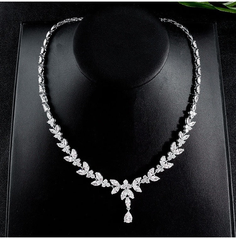 Sparkling Cubic Zirconia Jewelry Set for Brides: Necklace, Earrings, and Bracelet - WonderlandByLilian