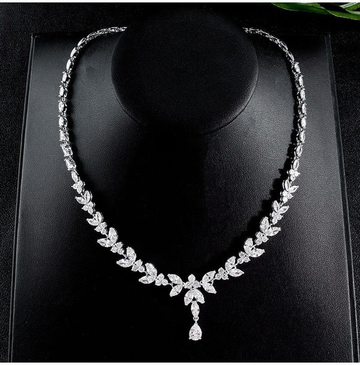 Sparkling Cubic Zirconia Jewelry Set for Brides: Necklace, Earrings, and Bracelet - WonderlandByLilian