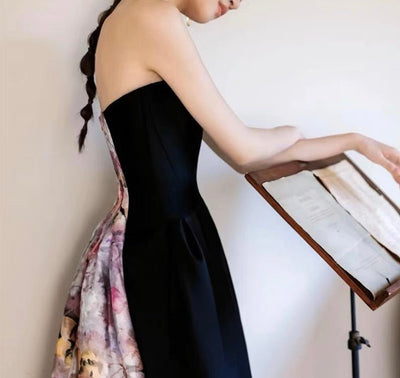 Strapless Black Gothic Asymmetry High-slit Formal Dress With Floral - Gothic Wedding Dress Plus Size - WonderlandByLilian