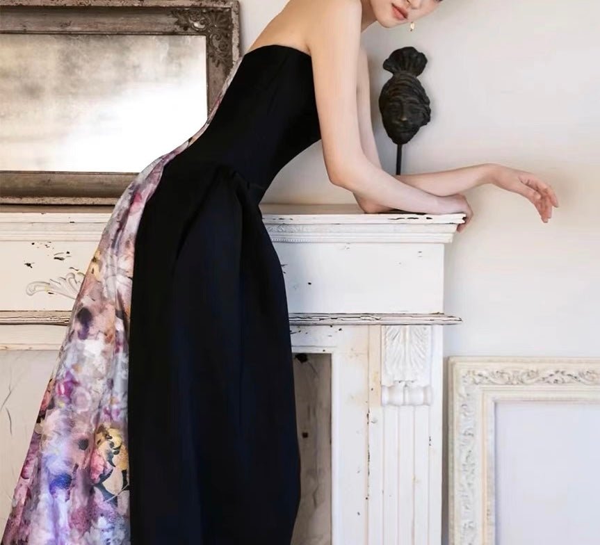 Strapless Black Gothic Asymmetry High-slit Formal Dress With Floral - Gothic Wedding Dress Plus Size - WonderlandByLilian