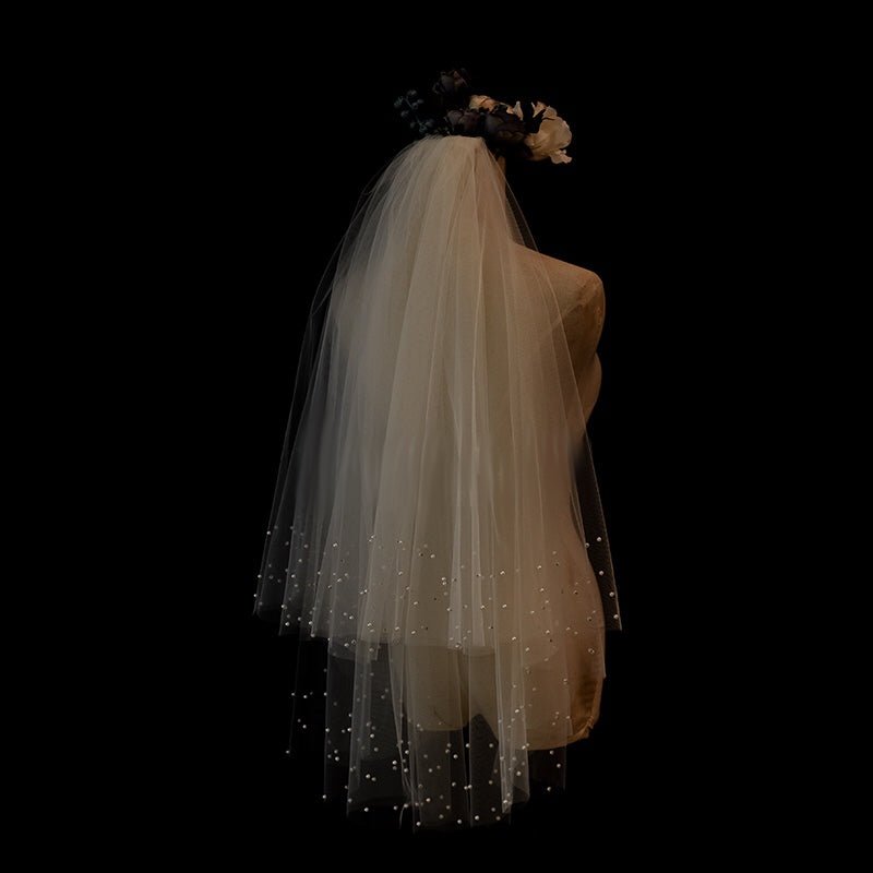 Tulle Bridal Blusher Veil With Crystal And Pearls - WonderlandByLilian