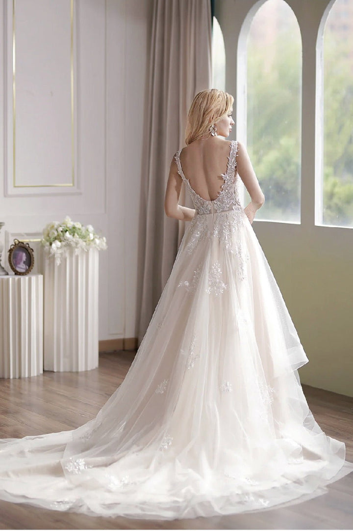 V-Neck Sleeveless Tulle Ball Gown With Embroidered Appliqués Bridal Dress - WonderlandByLilian